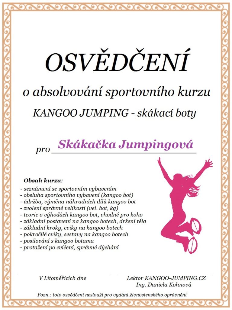 Osvědčení o absolvování kurzu KANGOO JUMPING